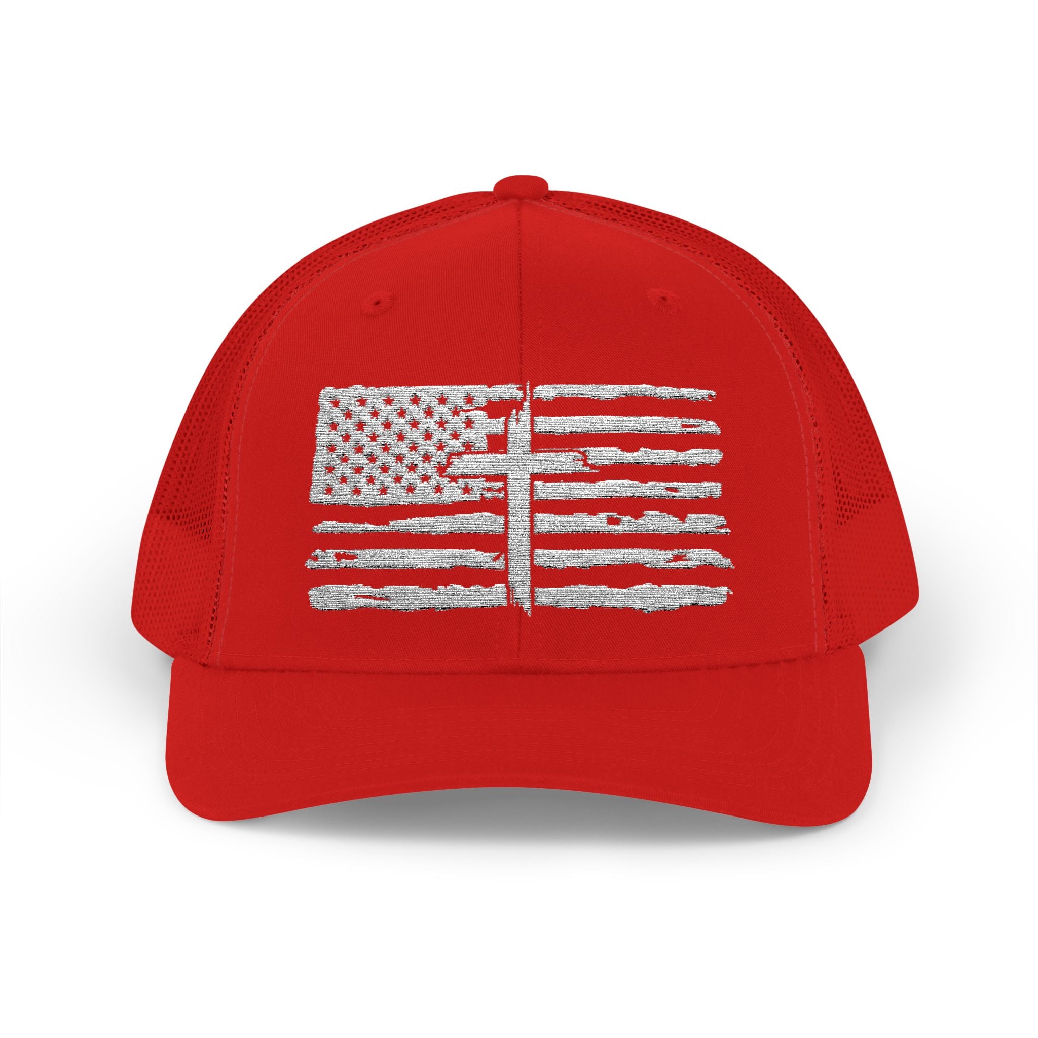 Embroidered American Flag and Cross Hat Trucker Cap Unisex